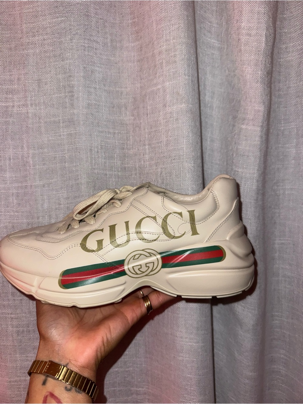 Gucci Cream Leather Sneaker with Green-Red Web and Gold Logo